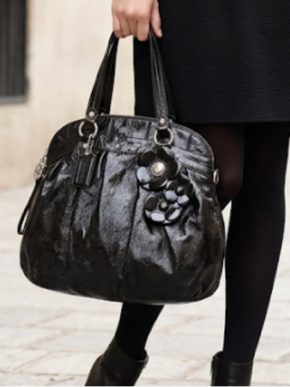 Coach Black Floral Appliqué Leather Satchel Shoulder Bag